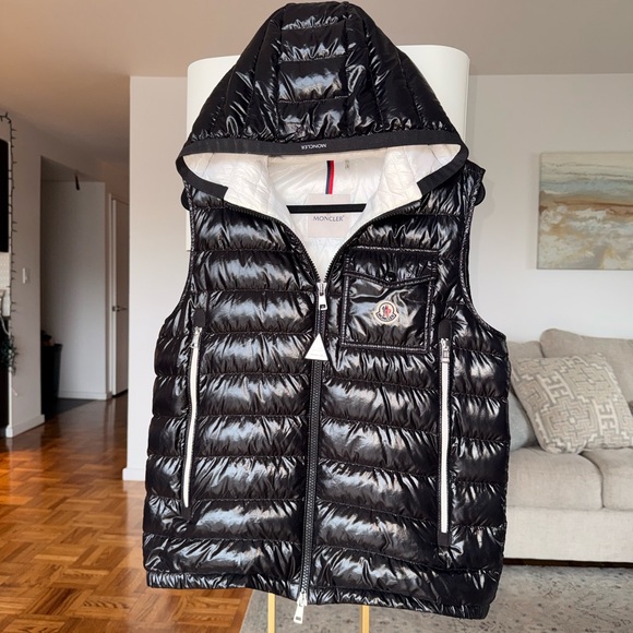 Moncler Shiny Black Quilted Hooded Puffer Vest